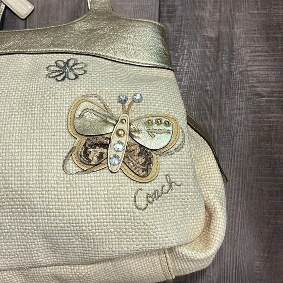 Coach Ivory Straw Embossed Embroidery Butterfly Gold Leather Trim Shoulder Bag - Picture 5 of 17
